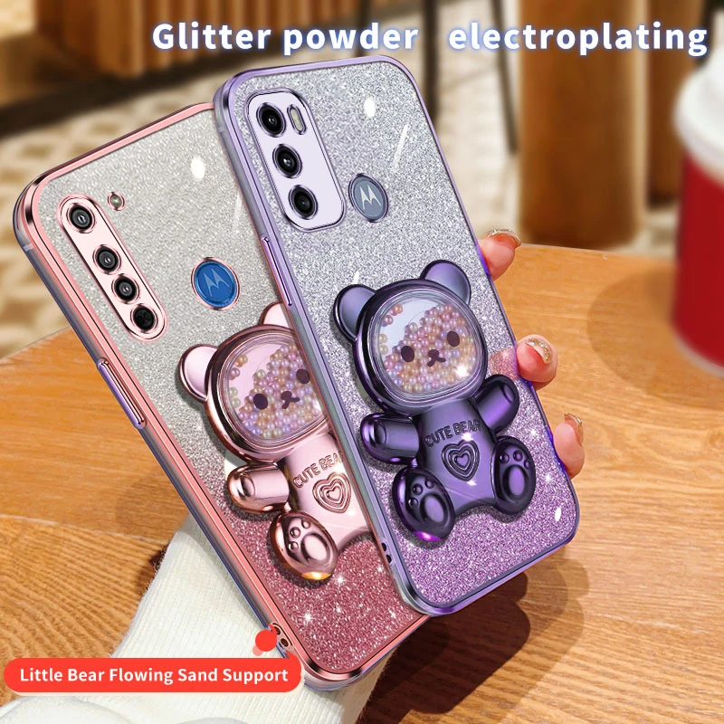 G 60s Quicksand Bear Glitter Holder Phone Case For Motorola Moto G60 G50 G20 G30 G53 G32 G73 G13 G23 G62 G71 G22 G31 Stand Cover