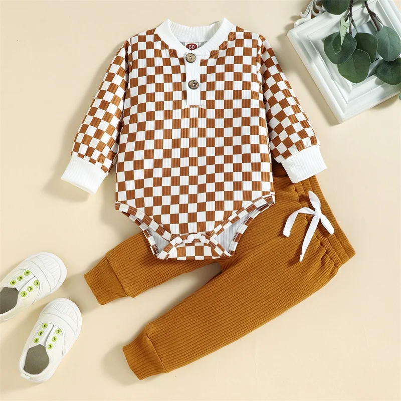 

2-Piece Baby Outfit Set Plaid Print Bodysuit with Snap Buttons Matching Tie-Up Pants Available in Sizes 0-24 Months