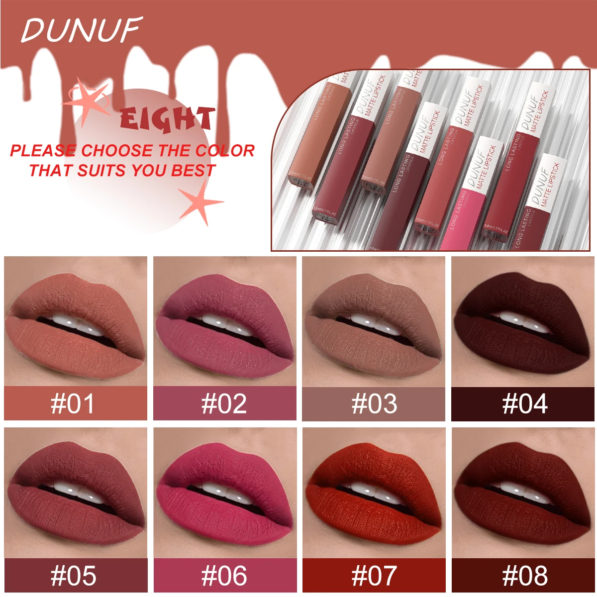 8pcs Matte Lip Gloss Set Long-Lasting Moisturizing Non-Stick Rich Pigmentation for All Skin Types Mixed Color Palette