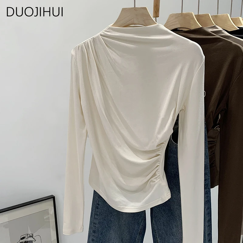 

DUOJIHUI New Classic Half High Neck Solid Color Women T-shirts Irregular Basic Long Sleeve Simple Casual Fashion Female T-shirts