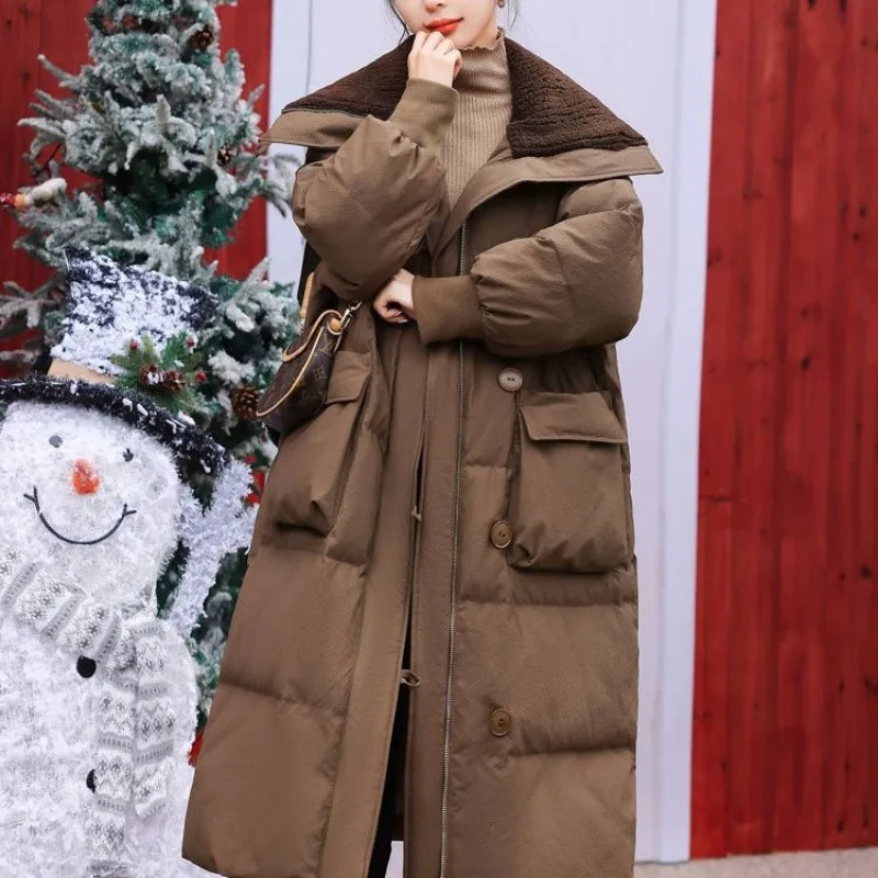Oversize Winter Parkas Women Coat 2023 Korean Fashion Long Sleeve Hooded Jacket Belt Pockets Thickened Warmer Outerwear