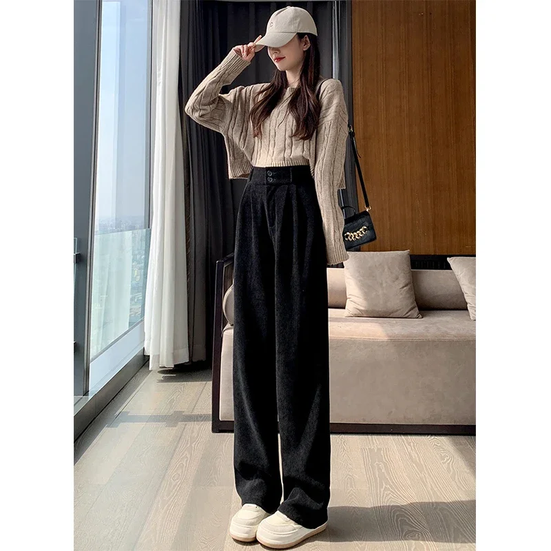 MEXZT Corduroy Wide Leg Pants Women Vintage Black Fleece Baggy Pants Winter Streetwear Korean High Waist Straight Trousers New