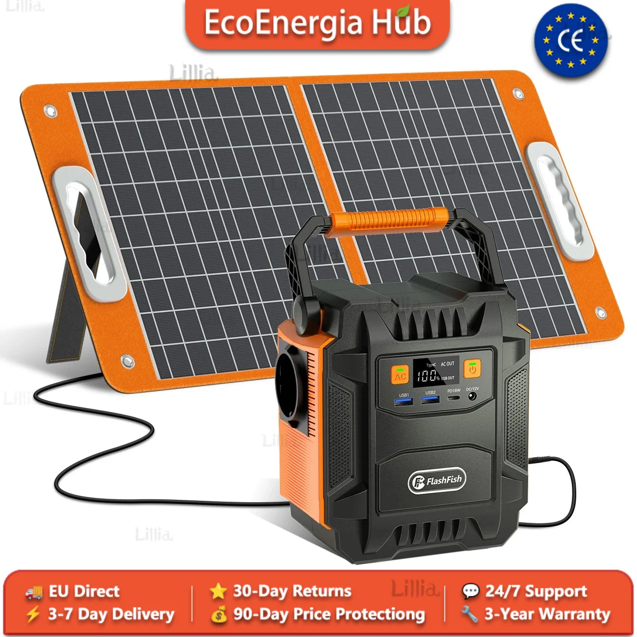 Station d'alimentation portable FF FlashfishA201 172Wh 48000mAh Batterie lithium-ion 200W AC Peak 400W Générateur solaire USB-C QC3.0 DC 12V Poignée portable Alimentation de secours pour extérieur, camping-car, voyage, maison, panne de courant