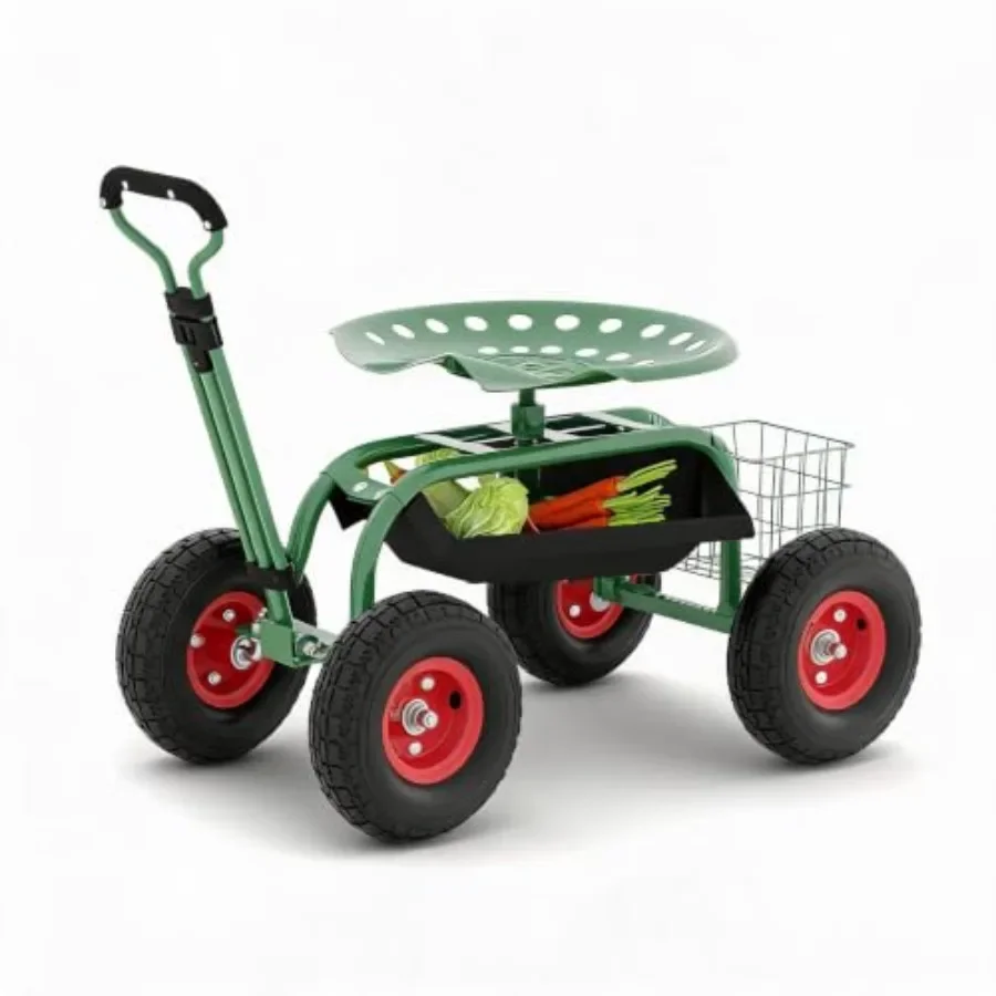 Garden Seat With Wheels 360° Garden Cart With Seat, Tool Tray and Handle