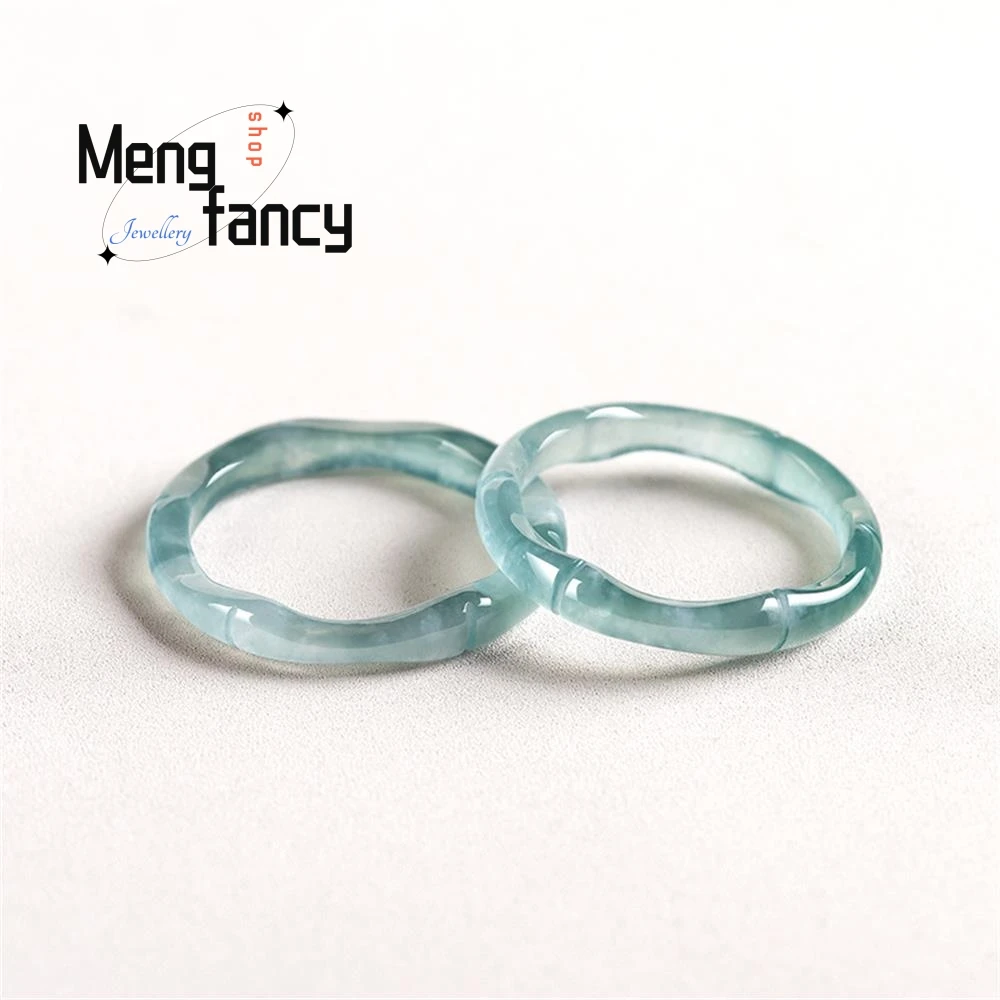 Jade blue water bamboo ring three-dimensional carved ice type jade simple elegant  high-grade ring for women