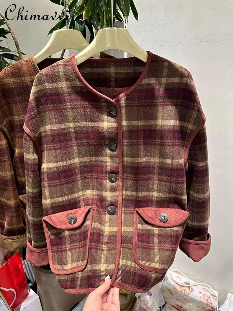 

2024 New Autumn Temperament Niche Loose Woolen High-end Plaid Woolen Coat For Women