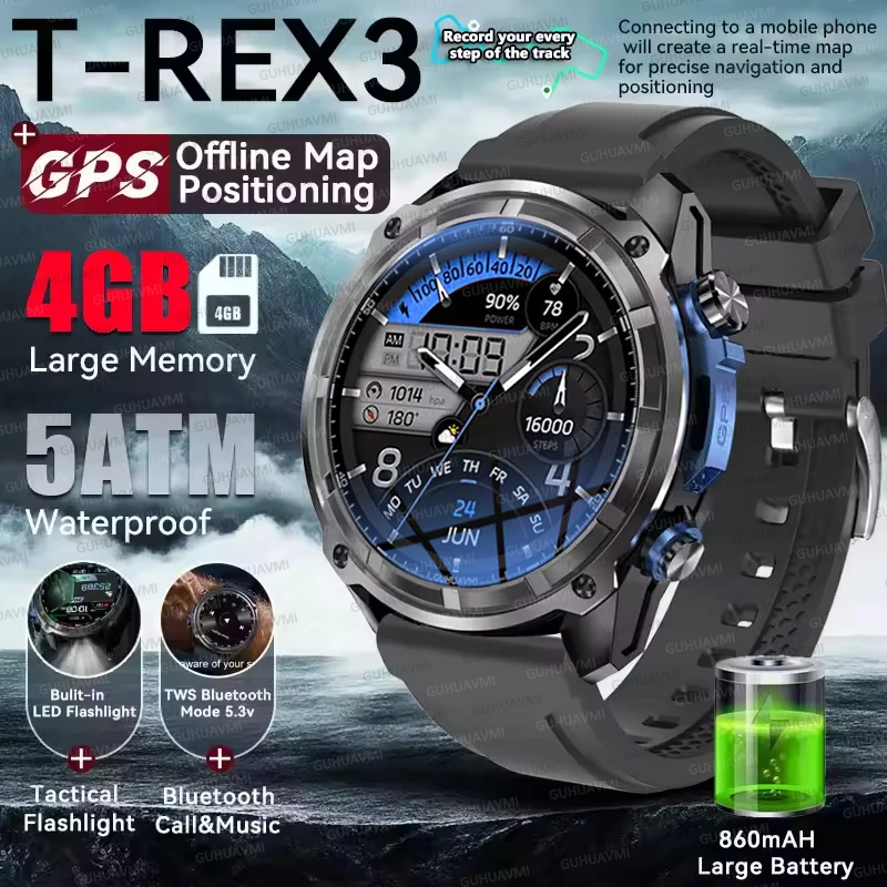 

New T-Rex Military Grade Tactical Smart Watch Built-in GPS Offline Map TWS 4GB Memory IP69K Swimming Waterproof Men Sports Watch