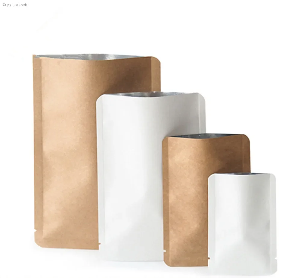 100Pcs/Lot Kraft Paper Mylar Foil Open Top Bag Rounded Corner Heat Vacuum Seal Tear Notch Food Bean Coffee Tea Pack Pouches