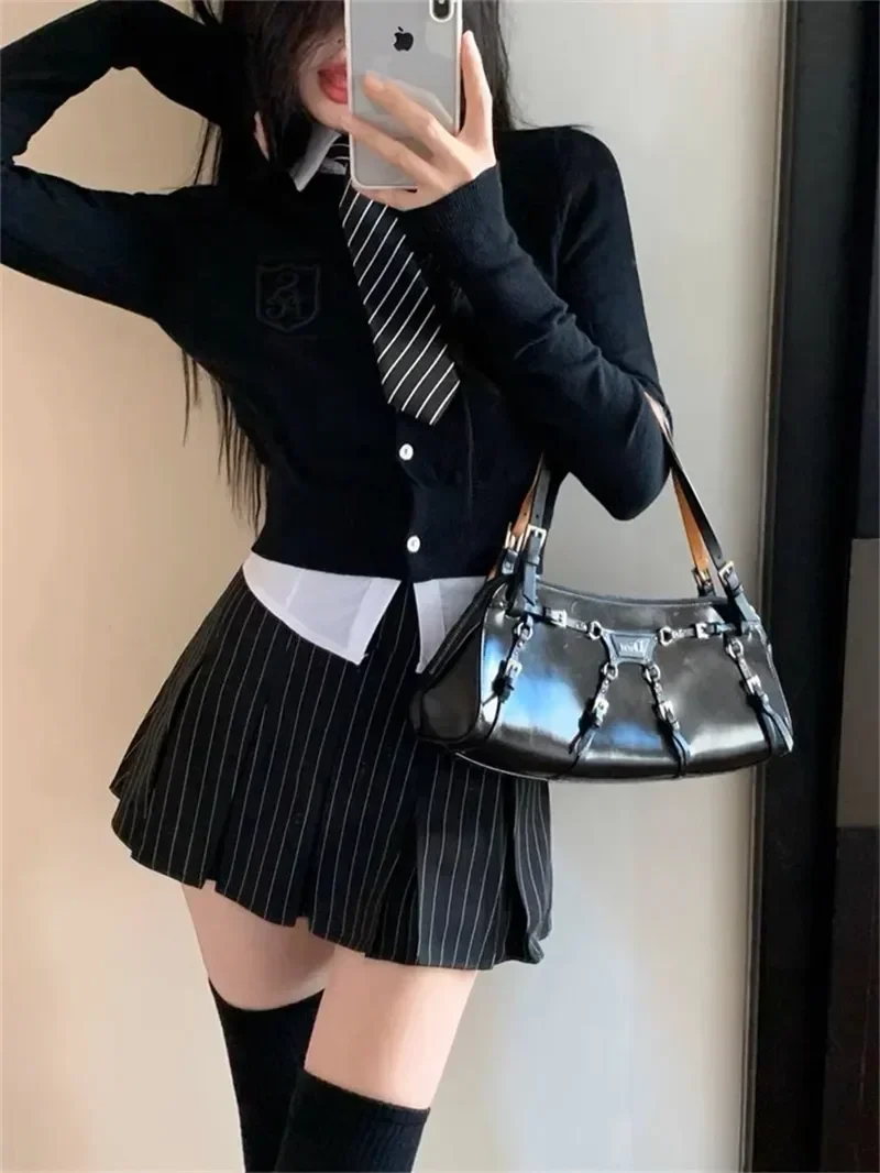 Knitted Pleated Girl American Korean Sets Uniform Hot Daily High 4-piece Waisted Tie Skirts Women Set Black Cardigan Suits