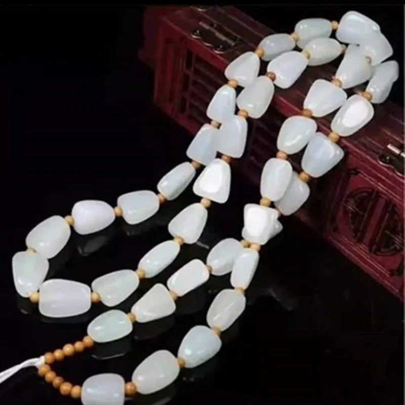 Hetian Jade a Necklace Hand-Woven Pendant Lanyard White Jade Chain Olive Nut Partition