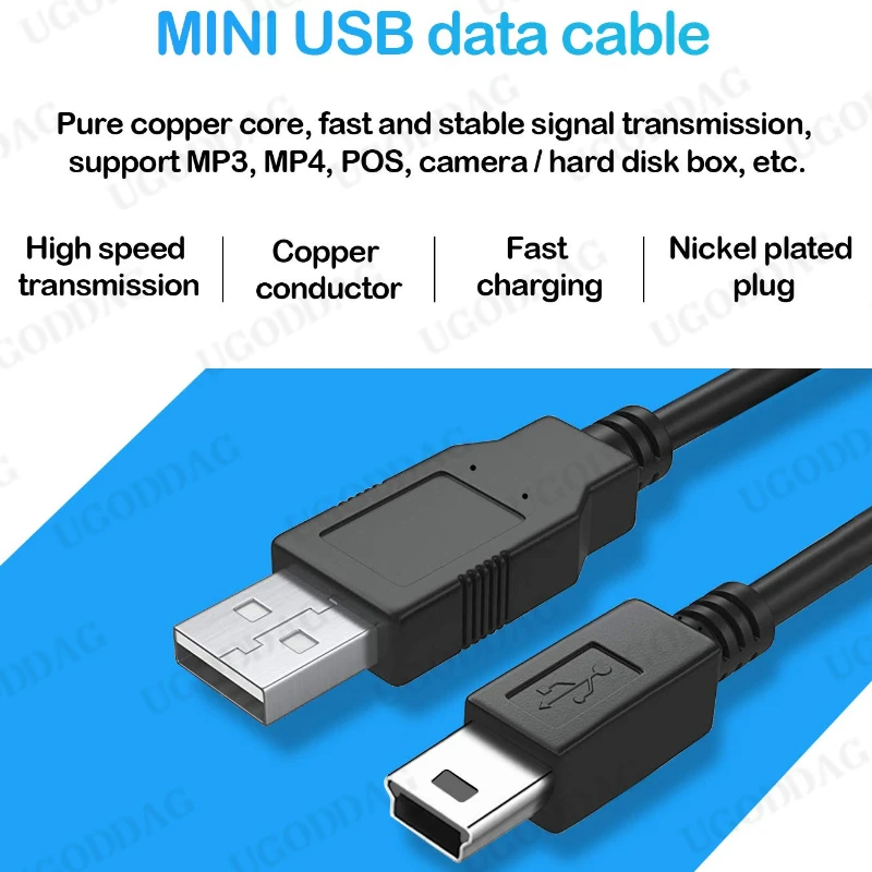 Mini USB para Cabo USB 2.0, 5Pin, Dados rápidos, Cabos de carregador para MP3, MP4 Player, Carro, DVR, GPS, Câmera digital, HD Smart TV1