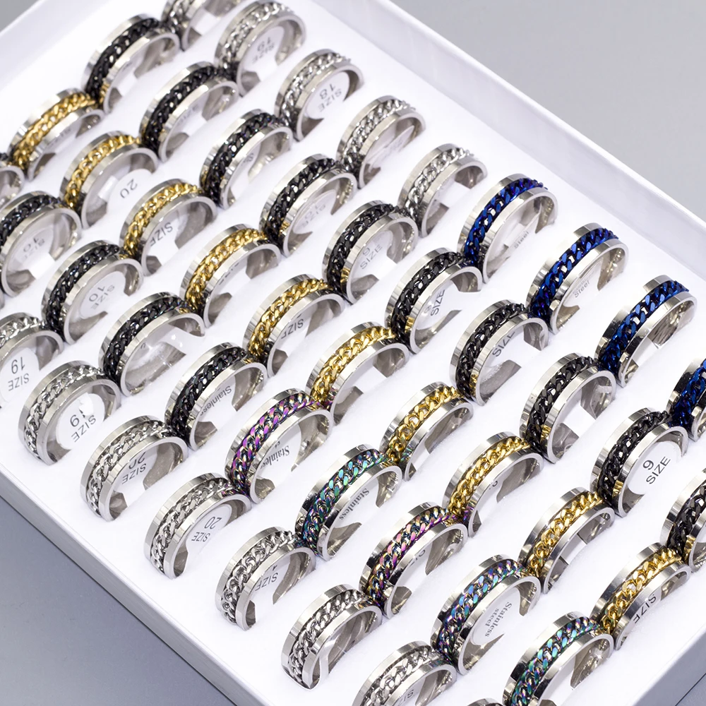 30 pcs/lot Mix 4 Colors Rotation Chain Stainless Steel Rings Fashion Punk Rock Mens Ring Polished Inside