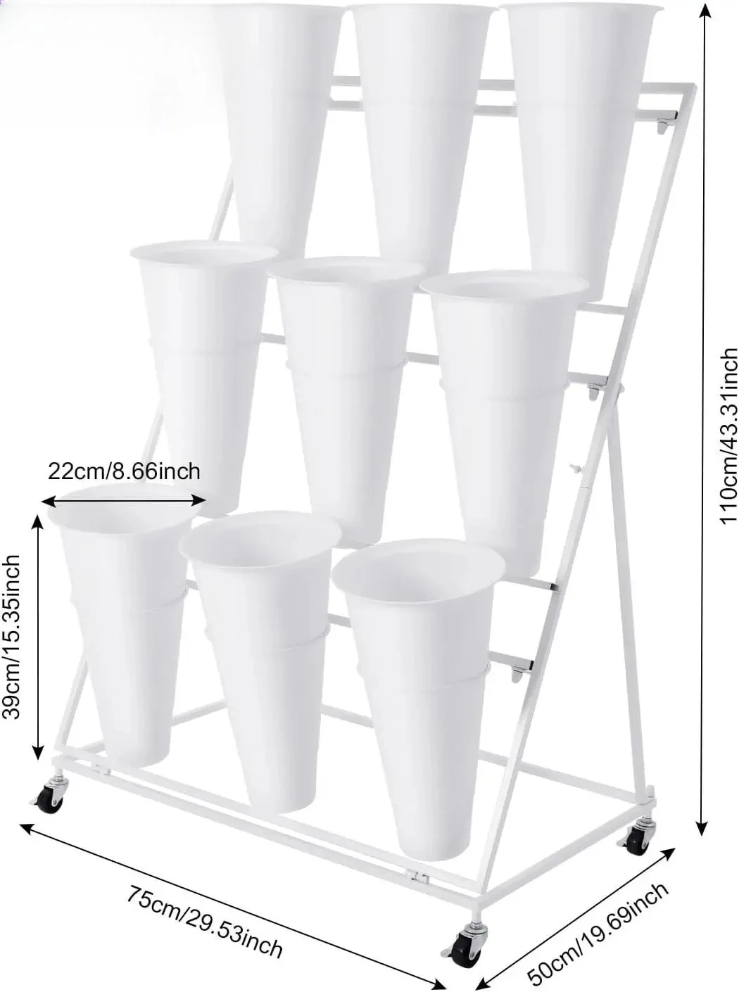 Flower Display Stand Cart With 9 Buckets Commercial Metal Plant Rack with Wheels 3 Tiers Shelf Bouquet Holder
