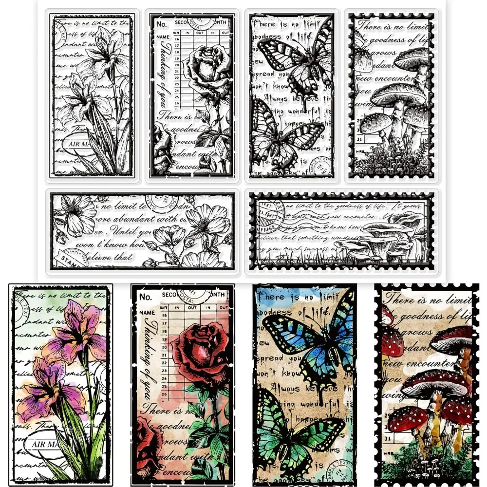 Transparente Stempel mit Vintage-Blumen für die Kartenherstellung, Retro-Pilz-Schmetterling, transparente Silikon-Stempelsiegel für die Kartenherstellung, Scrapbooking