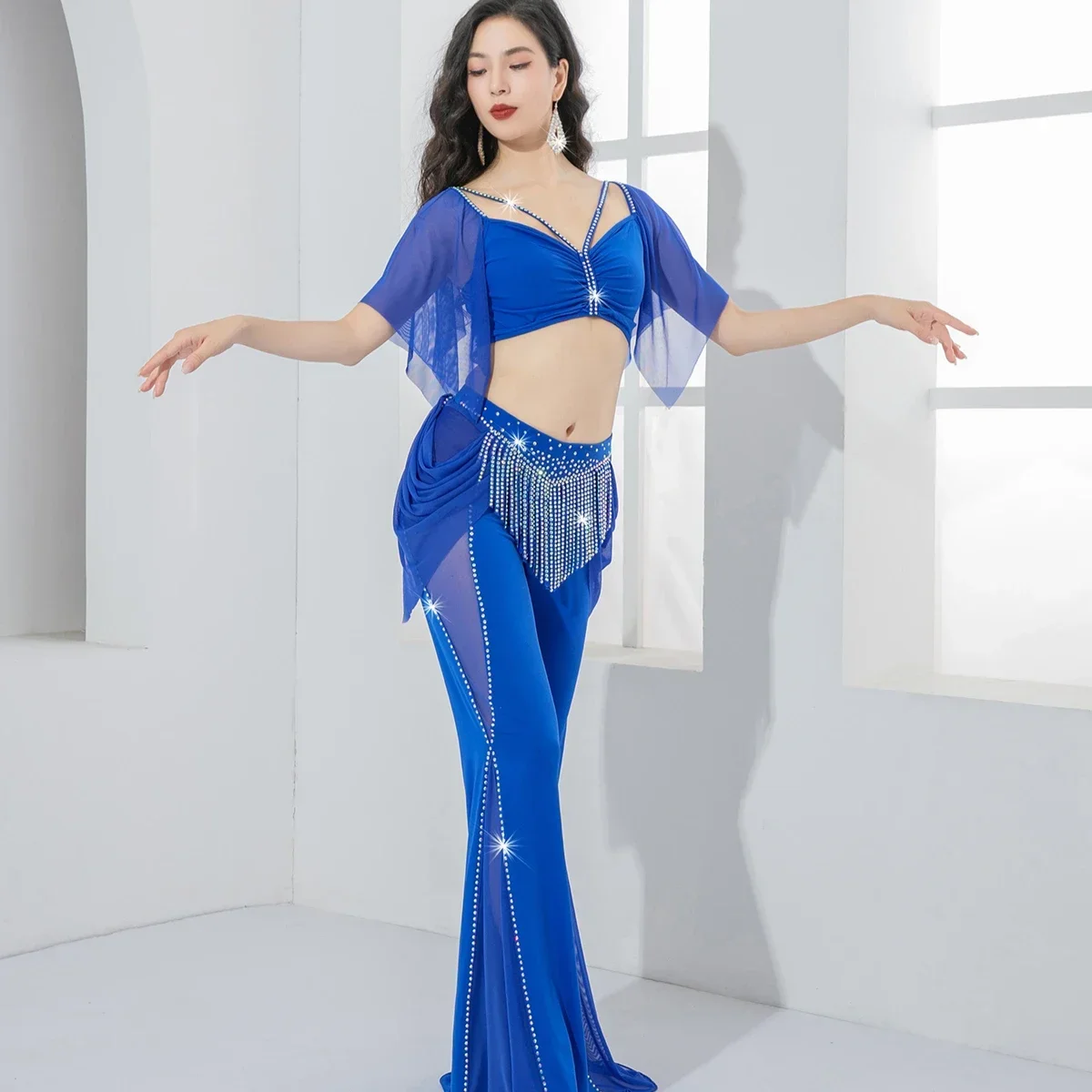 

Women Sexy V-neck Top+AB Stones Tassel Pants 2pcs Oriental Belly Dance Professional Training Clothing BellyDance Costume Set