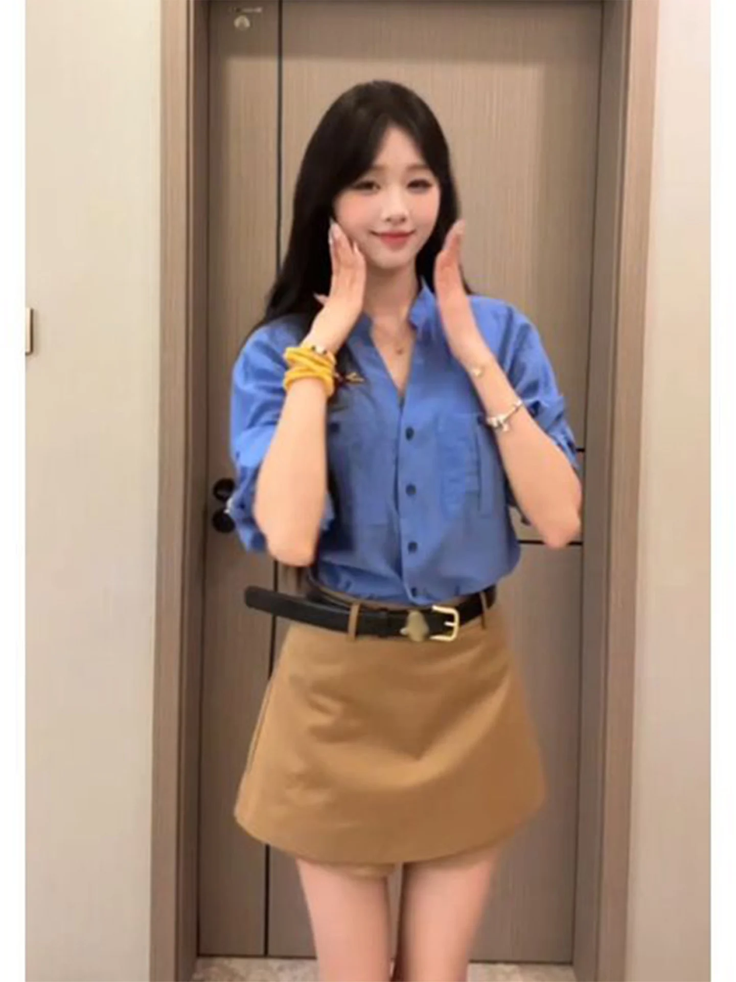 Korean Style Klein Blue Commute Shirt Set Women's Early Autumn High Waist Short Skirt Pants Two-Piece Set Casual Fashion
