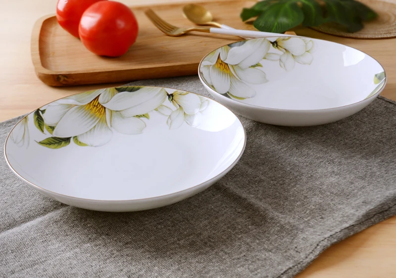 4pcs set, 8inch, bone china dinner plate, camellia design ceramic plates dinner set, set plate dish porcelain, dinner dish serve