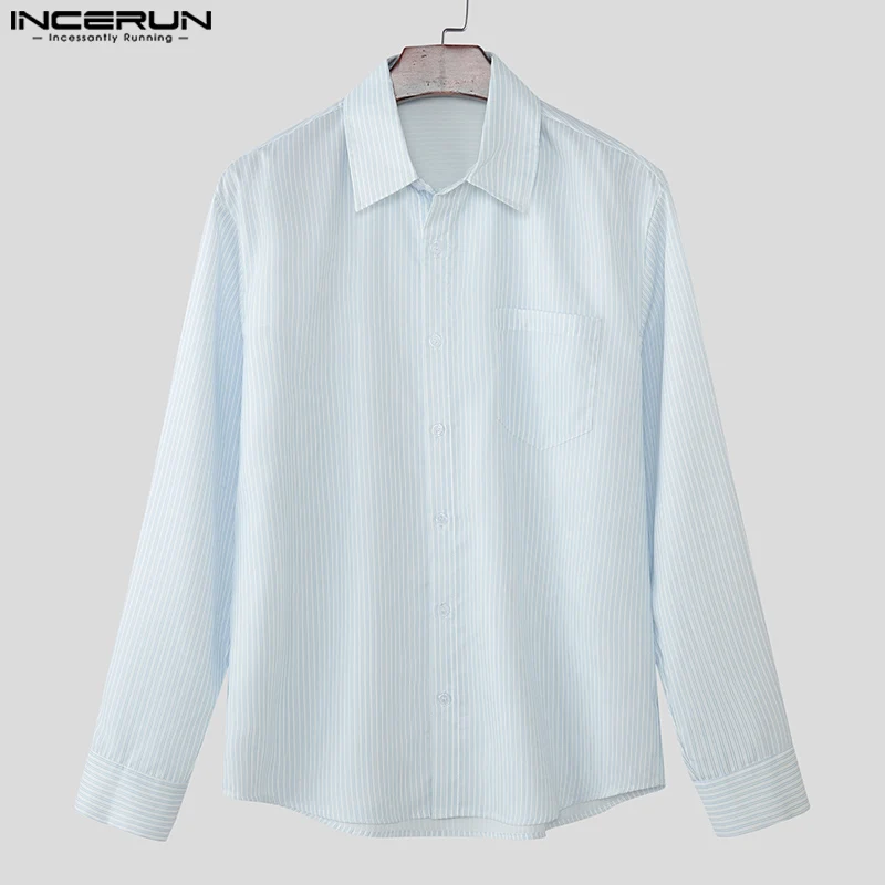 

INCERUN Мужская полосатая рубашка с лацканами и длинным рукавом, свободная уличная одежда, мужская одежда, осень 2021, модные повседневные мужские рубашки в корейском стиле