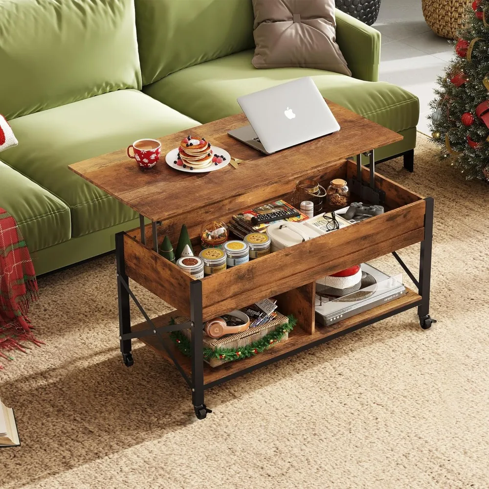 Mesa de centro, mesa de centro elevable con 4 ruedas, compartimento oculto, estante de almacenamiento y mesa elevadora para sala de estar