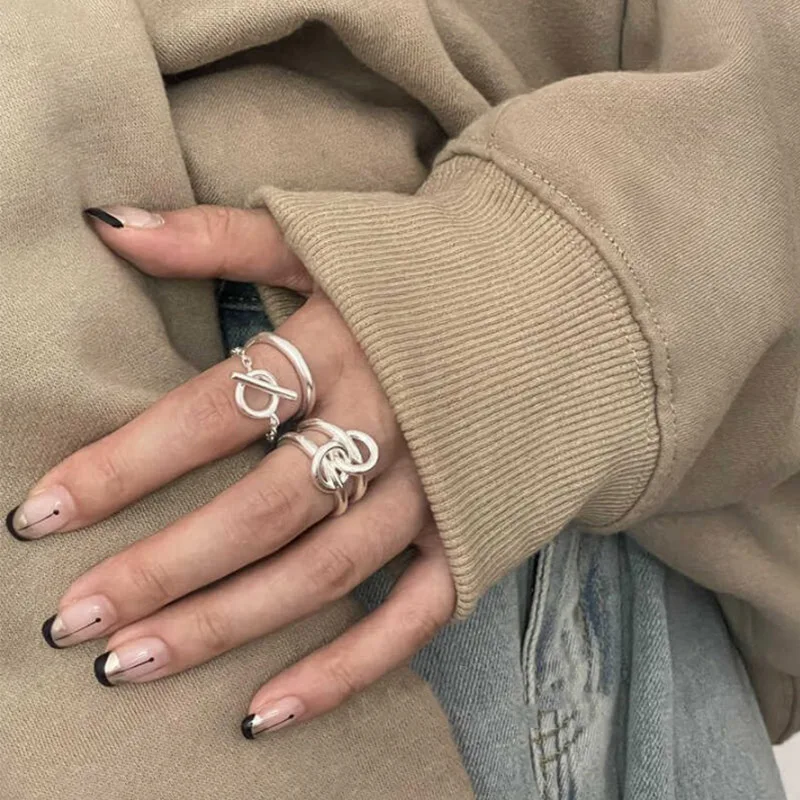 Foxanry Silver Color Chain Double-layered Open Rings For Women Couples Personality Creative Trendy Daily Jewelry Gifts Wholesale