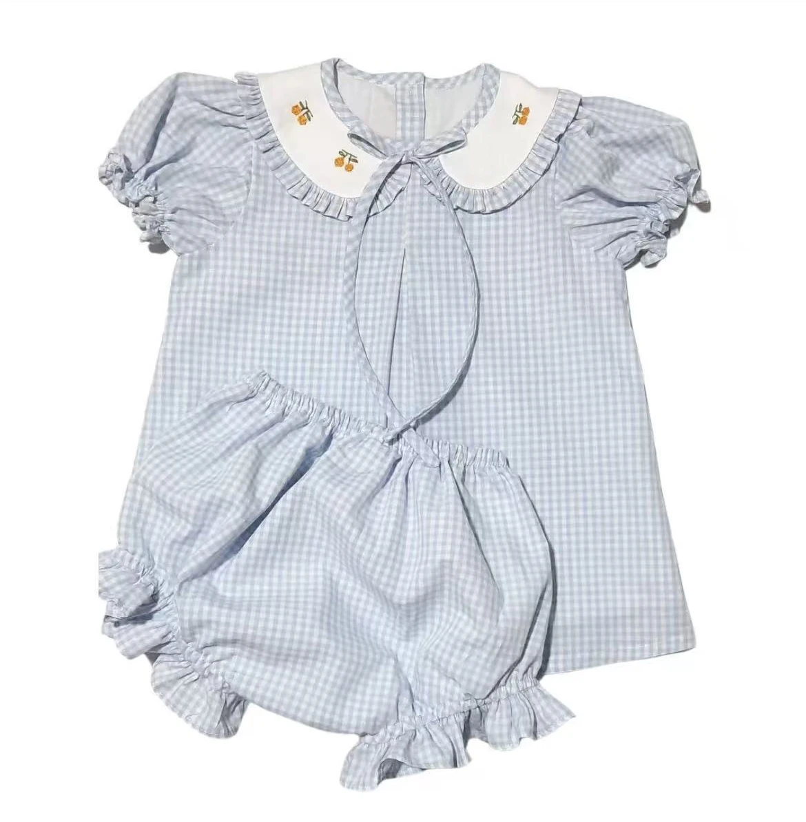 Baby Girl Summer 2Pcs Outfit Blue Plaid Fruit Embroidery Set for Birthday Party Photography