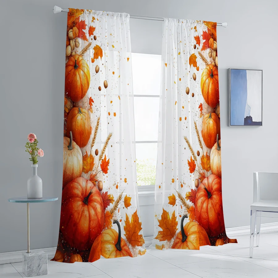 2PCS Digital Print Sheer Curtain, Fall Harvest Pumpkin Wheat Border Autumn Window Drapes for Living Room Bedroom Home Decor