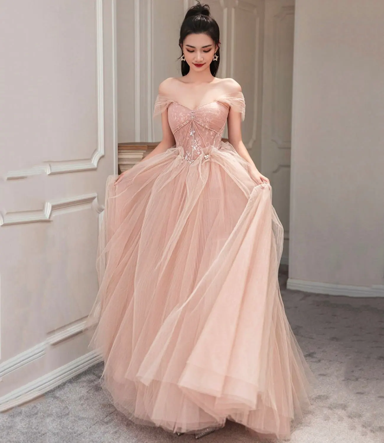 Bafftafe Princess Tulle Korea Prom Dresses For Wedding Party Off the Shoulder Corset Customized Formal Occasion Evening Gowns