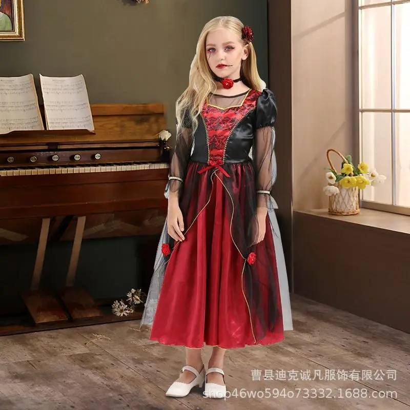 Halloween Girl Cosplay Vampire Dress For Kids Ghost Bride Vampire Costume Vampiran Carnival Party Outfits Scarlet Gothic Clothes