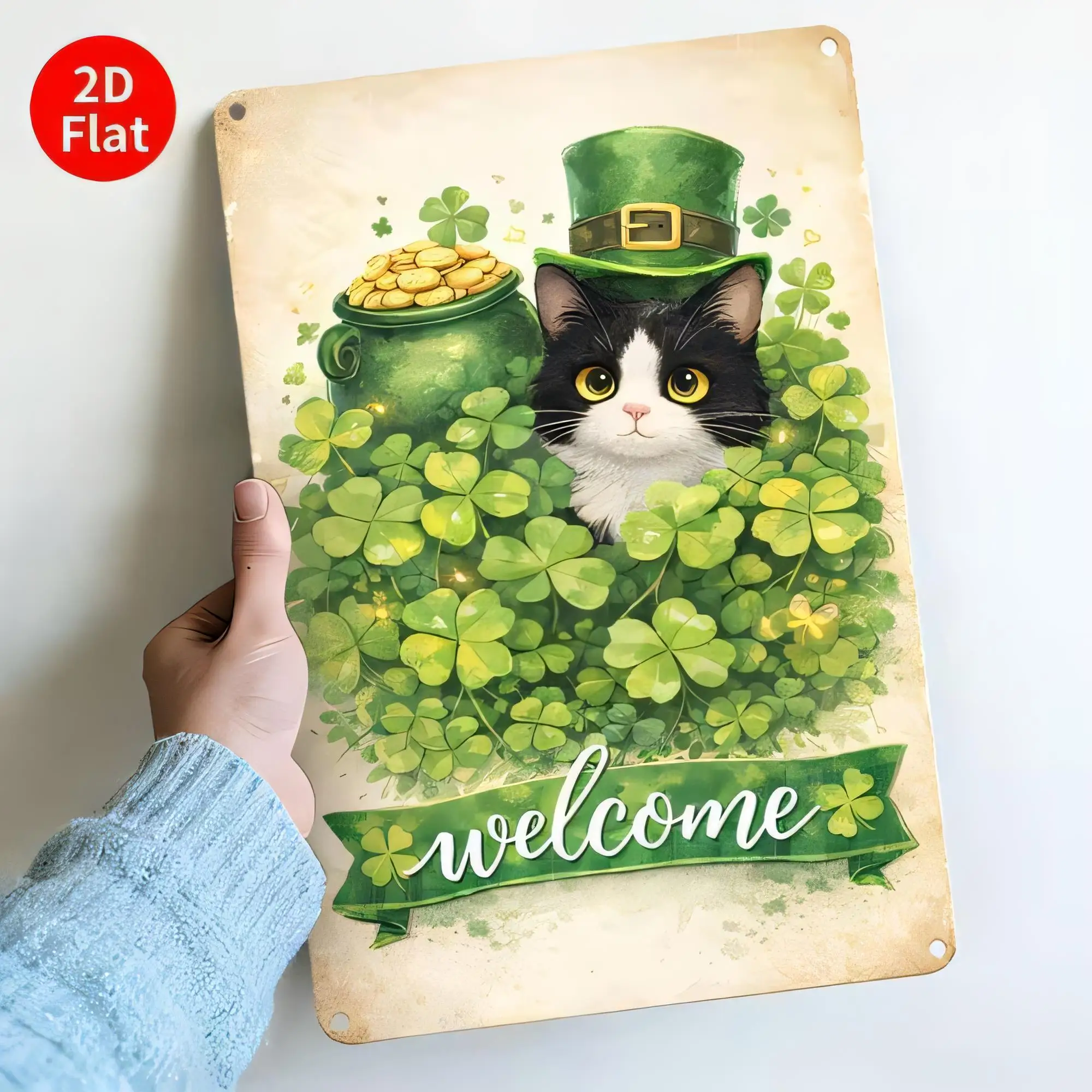 Tin Sign Welcome St Patrick’s Day Cat Leprechaun Clover Vintage Metal Wall Decor  Weathered Plaque for Home Bar Pub Garage Offic