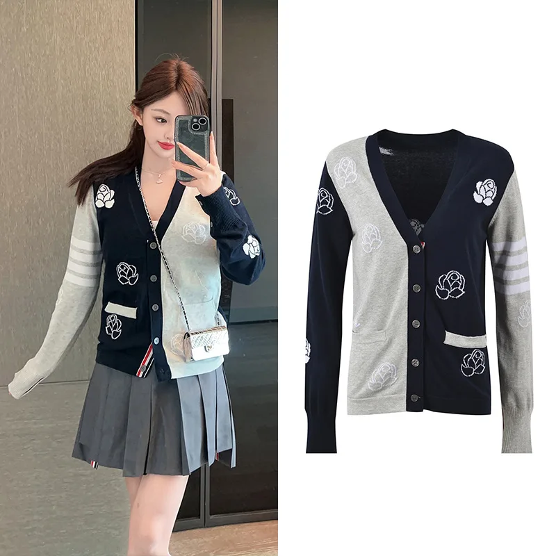 

Высококачественная шерстяная версия с розовым узором, вязаный открытый кардиган с v-образным вырезом, женский цветной блузный дизайн, антивозрастной длинный топ све