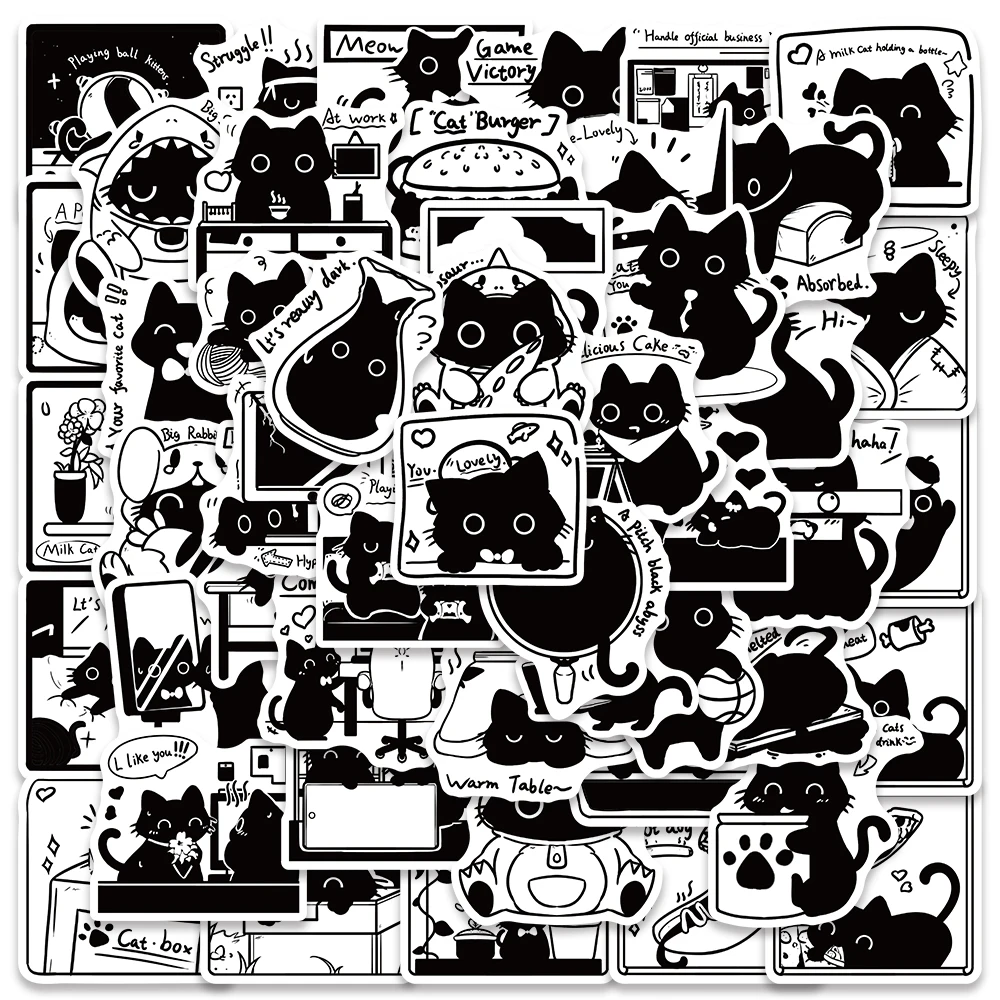 50pcs Cute Black Cat Stickers Cartoon Kawaii Decals For Kids Laptop Water Bottle Suitcase Skateboard Scrapbook Phone Sticker