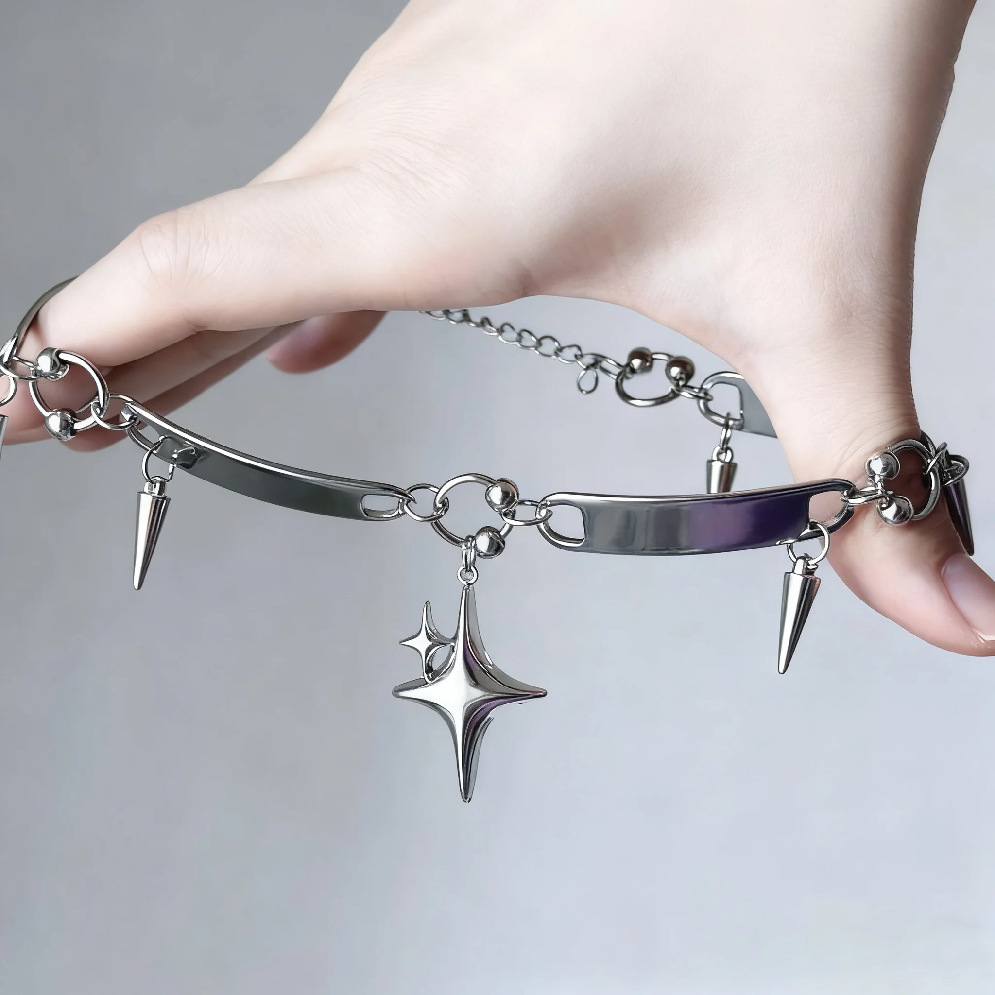 Unisex Titanium Steel Rivet Choker Necklace Punk Metal Collar Star Pendant Street Style Jewelry