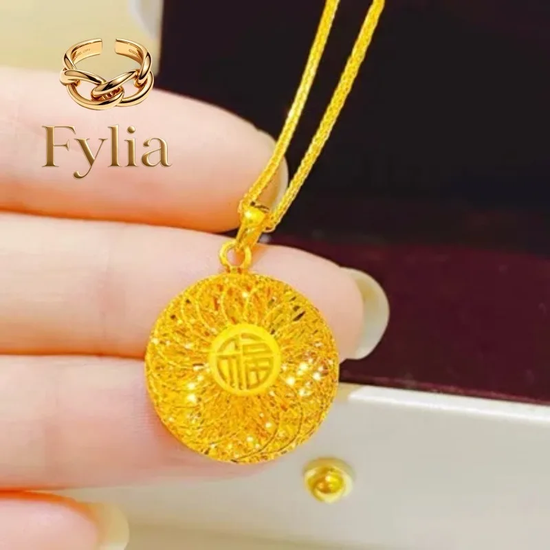 

Fylia Jewelry Fylia Jewelry Premium 9999 women's gold necklace, life blessing 24k real gold hollow silk round pendant, perfec