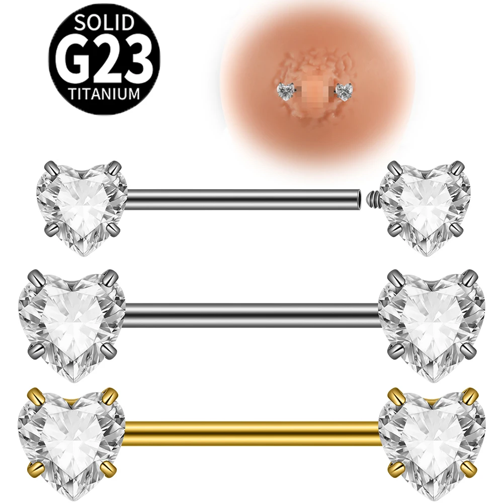 2-1PCS Titanium Four Claw Heart Zirconia Straight Nipple Barbell Ring 16G Internal Thread Nipple Shield Body Piercing Jewelry