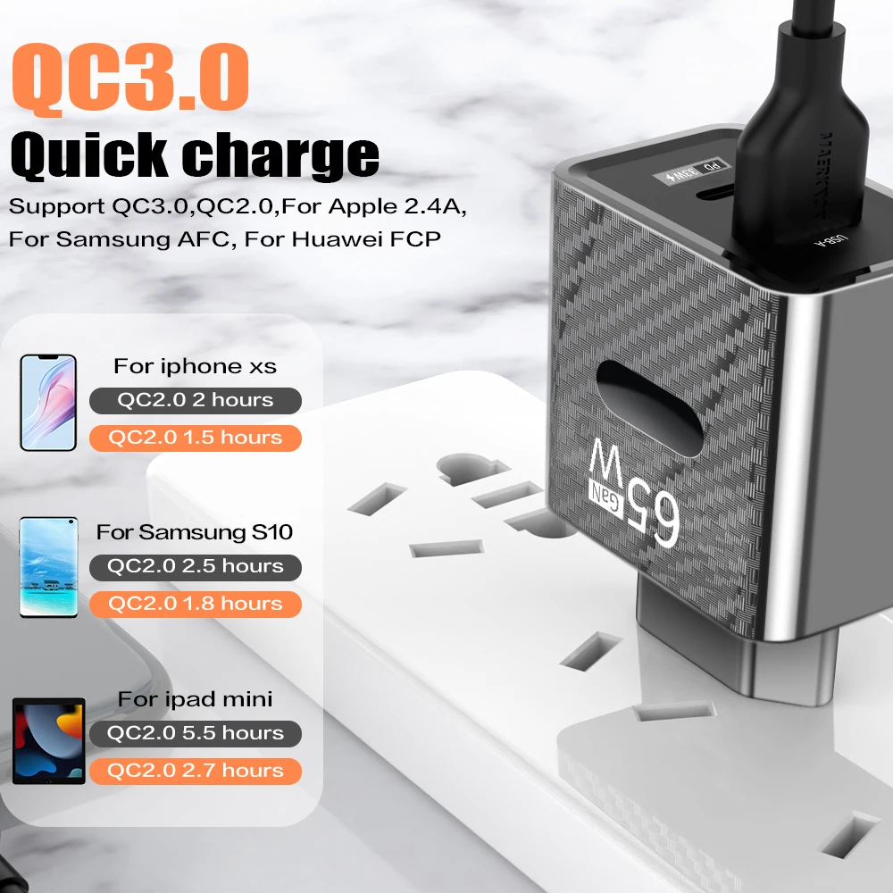 65W GaN USB PD Fast Charger Type C QC3.0 High Speed Charging Adapter Mini Compact Wall Plug for iPhone Samsung Xiaomi Smartphone