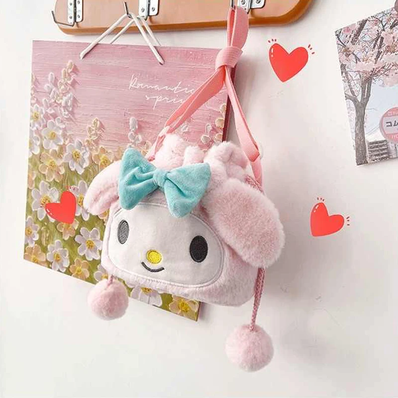 Kawaii Kuromi Melody cilindro zaini peluche portamonete borsa Plushie Anime Purin zaini per cani per ragazze simpatici giocattoli di peluche regalo