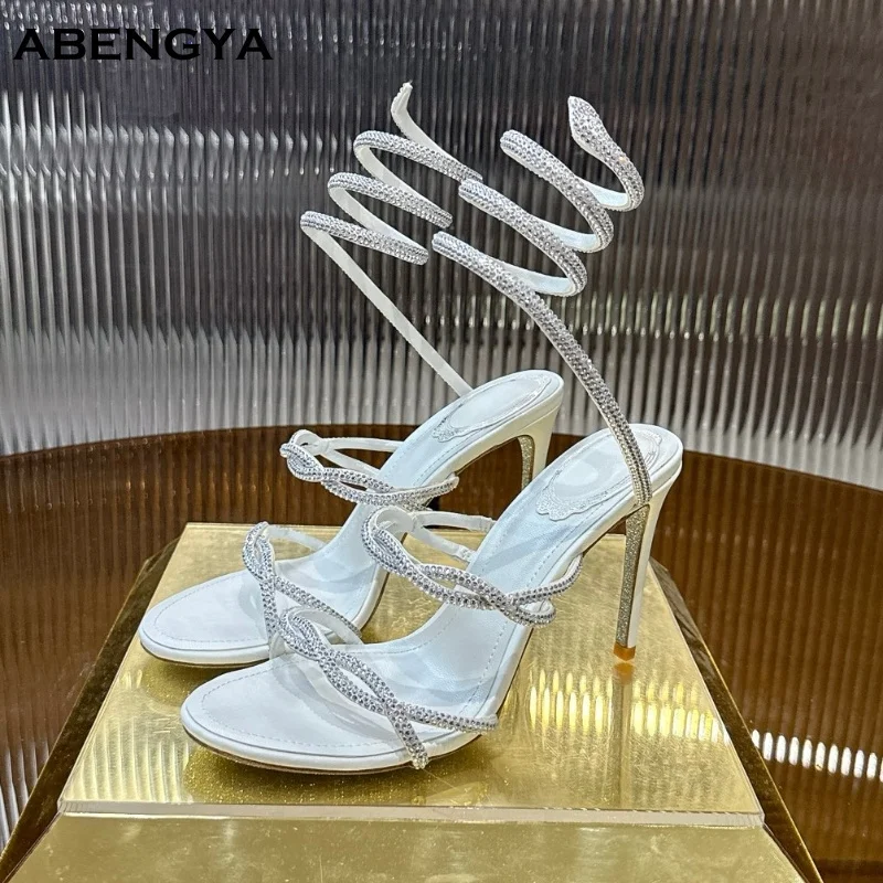 

Summer Sexy Leather Gladiator Sandals Women Crystal Dress Shoes Ankle Snake Strap Designer High Heels Party Wedding Prom Shoes