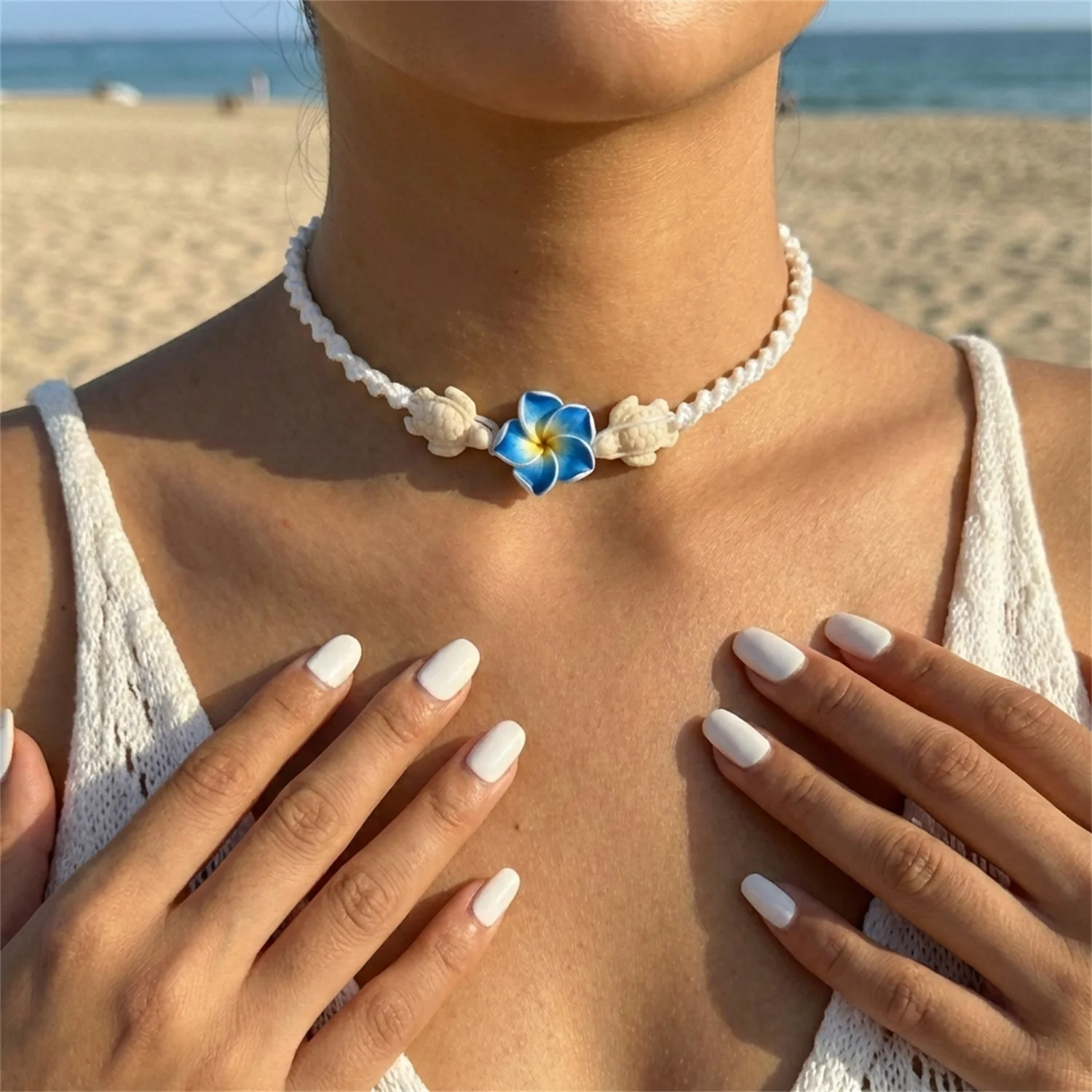 Boho Big Flower Choker Necklace For Women Fashion Red Yellow Blue Flowers Sea Turtle Hand-woven Rope Neck Chain Summer Jewelry view 3
