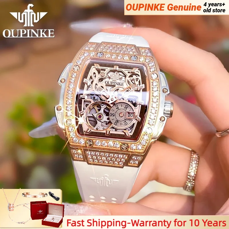 OUPINKE 3220 Flywheel Mechanical Watch for Ladies Luxury Elegant Hollow Silicone Strap Full Diamond Waterproof Automatic Watches