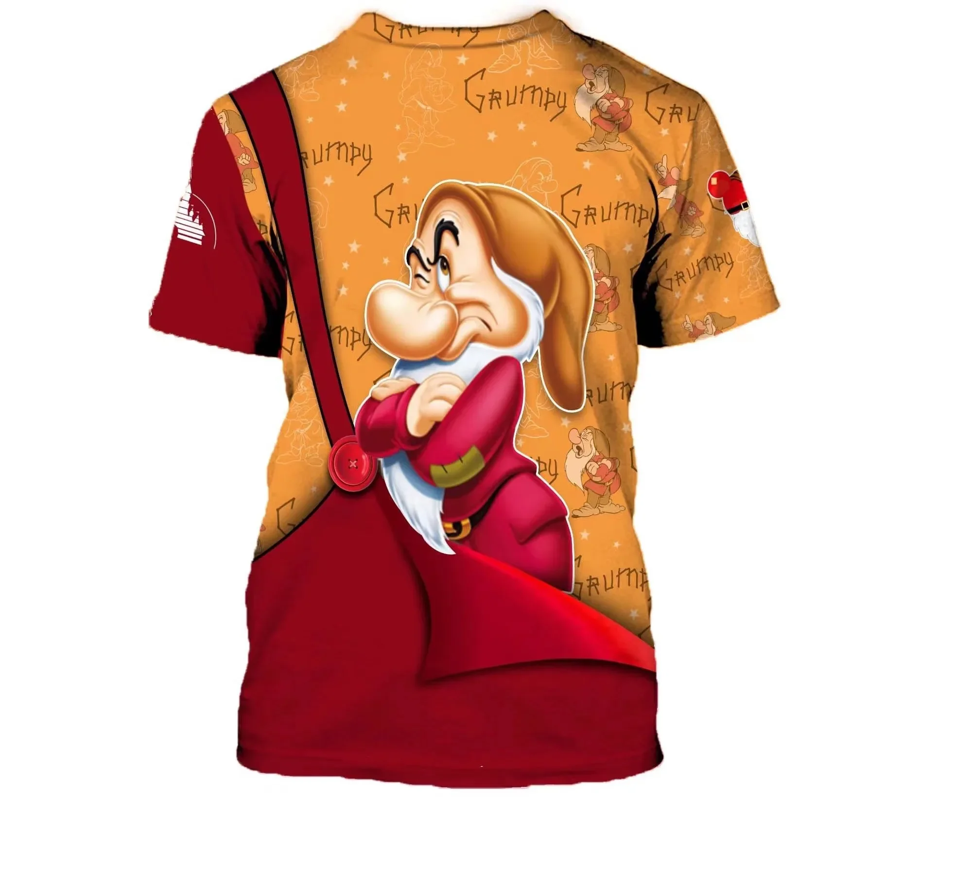 2024 Summer New 3D Printing Grumpy Dwarf Red Button Overall Patterns Disney Cartoon 3D T-Shirt Unisex