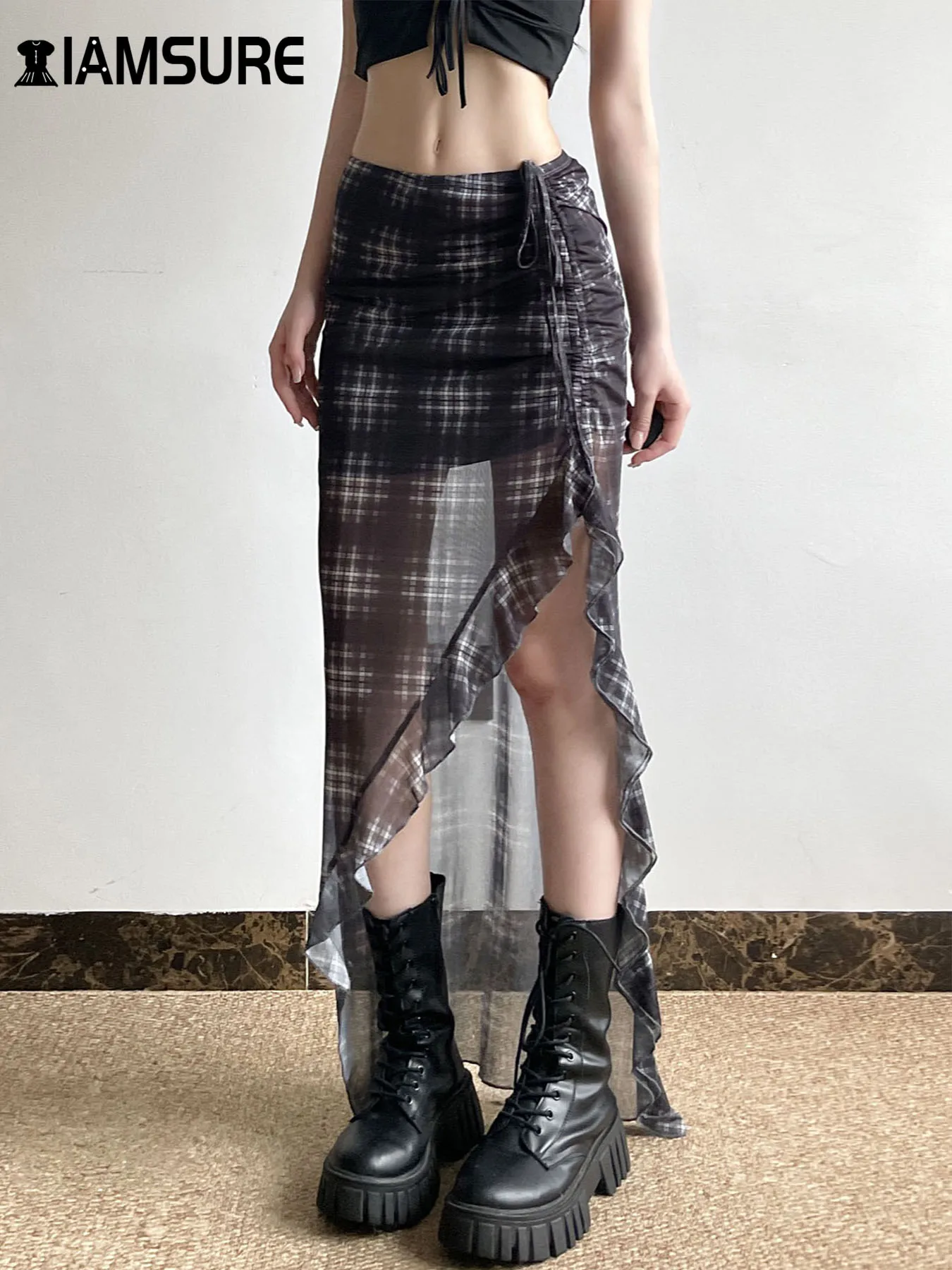 

IAMSURE Casual Plaid Srawstring Ruffles Split Skirt See Through Slim Low-Waisted Maxi Skirts Women Summer Fashion Streetwear