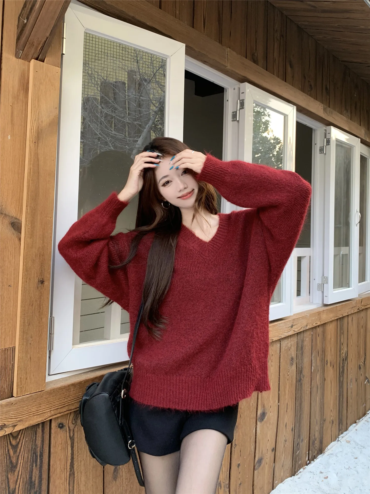 Maglione lungo Sve retrò rosso V-Ne da donna invernale morbido e accogliente lavorato a maglia casual versatile pigro abbinato tutto top comodo pullover