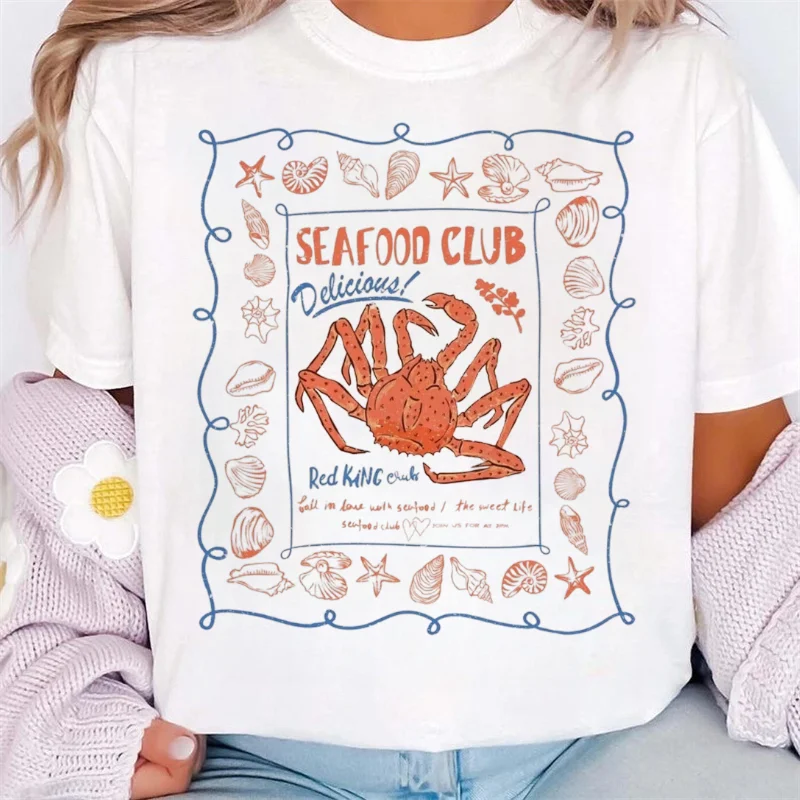 Seafood Club Crab Pattern Printed T-Shirt Short Sleeve Cute Women Summer Vacation Street Top Fashionable Casual O-Neck T-Shirt