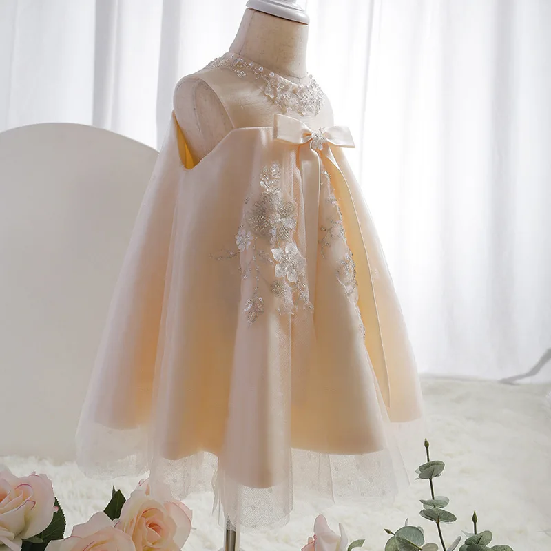 Vestido de flores império frisado champanhe para bebês, vestido de tule cinza, primeira cerimônia de aniversário, criança, crianças