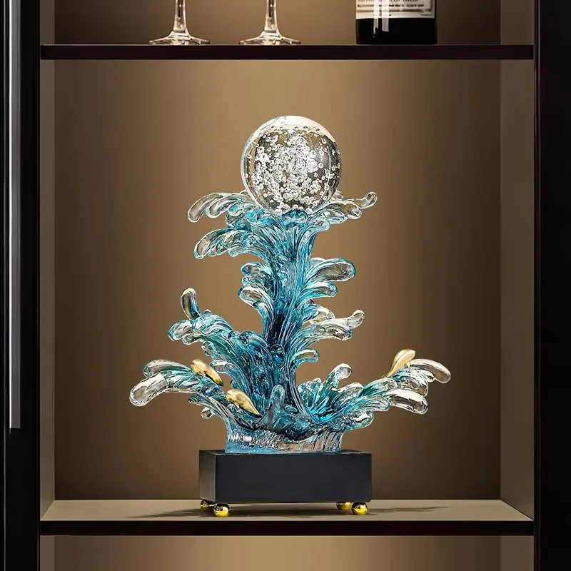 Wave Shaped Transparent Tabletop Sculpture Clear Sphere Accent Dark Rectangular Base Cabinet Display Craft Gradient Red White