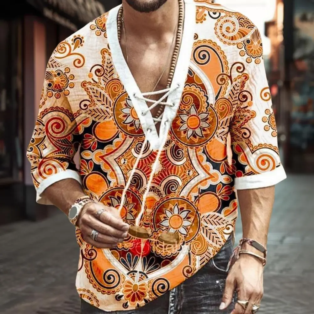 Mens Cotton Linen T-Shirts Summer Men Top V Neck Lace-up Strap Mid Sleeve Retro Ethnic Print Pullover Holiday Casual Clothing