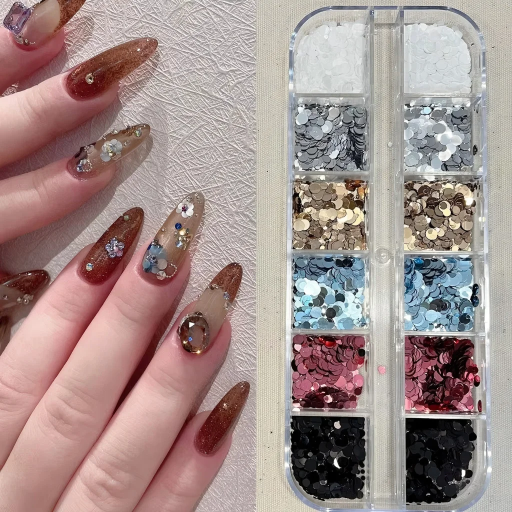 1PC 12-Grid Polka Dot & Retro Floral Glitter Nail Art Accessories Set, Mixed Sparkle Sequins Flakes for DIY Manicure Decoration