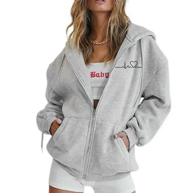 Daily Pockets Long Sleeve Solid Versatile Lady Hoodies Fashion Gray Zip Up Sweatshirt Women Autumn Winter Jacket Clothes Hoodies