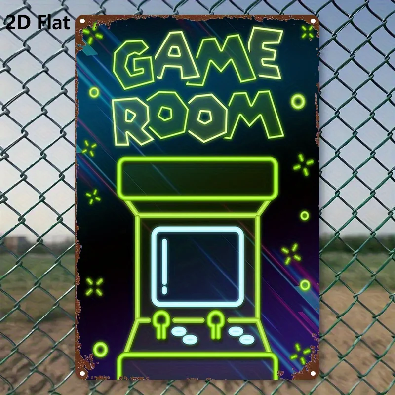 2D Metal Sign, Retro Arcade Game Neon Light, Heavy Iron Wall Decor, Green Glow, for Home Game Room Bar Cafe, Vintage Gamer Gift