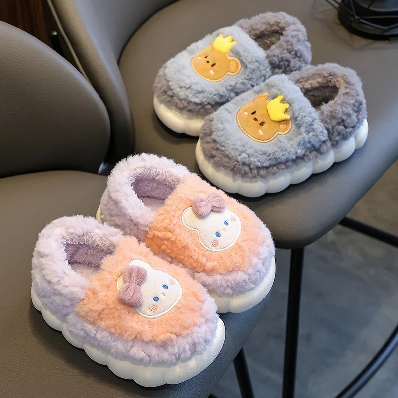 

Kids'Slippers House Shoes Cartoon Winter Shoes For Children Thick Warm Cotton Fur Anti-slip Soft Bottom Blue Shoes ReSize 24-40